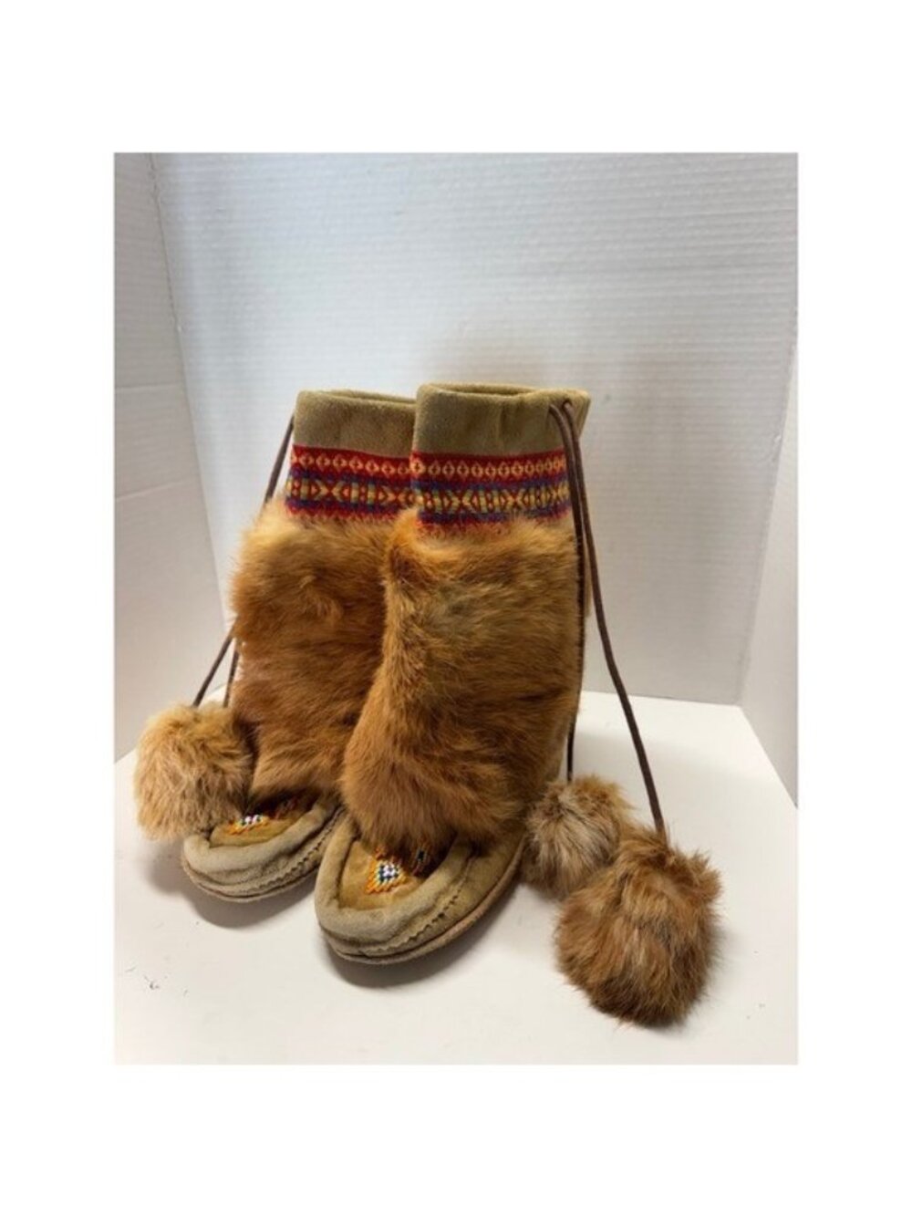 Handmade Suede Mukluk Boots Fur Pom Pom Beaded Tan Brown 5